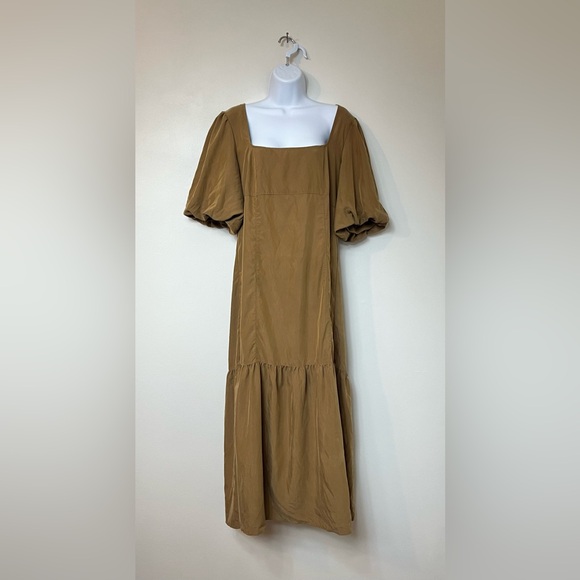 Free People Large Jordan Puff Short Sleeve Drop Ruffle Hem Midi Dress Tobacco - Picture 4 of 11